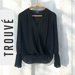 Trouvé Black Chiffon Blouse w/Long Poet Sleeves, XS
